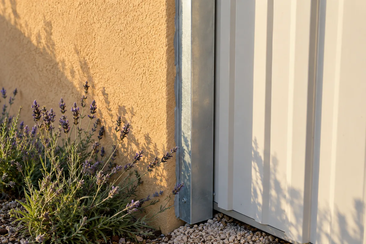 Bande de zinc couvrant la jonction entre le mur enduit d’une villa et la paroi nervurée d’un module