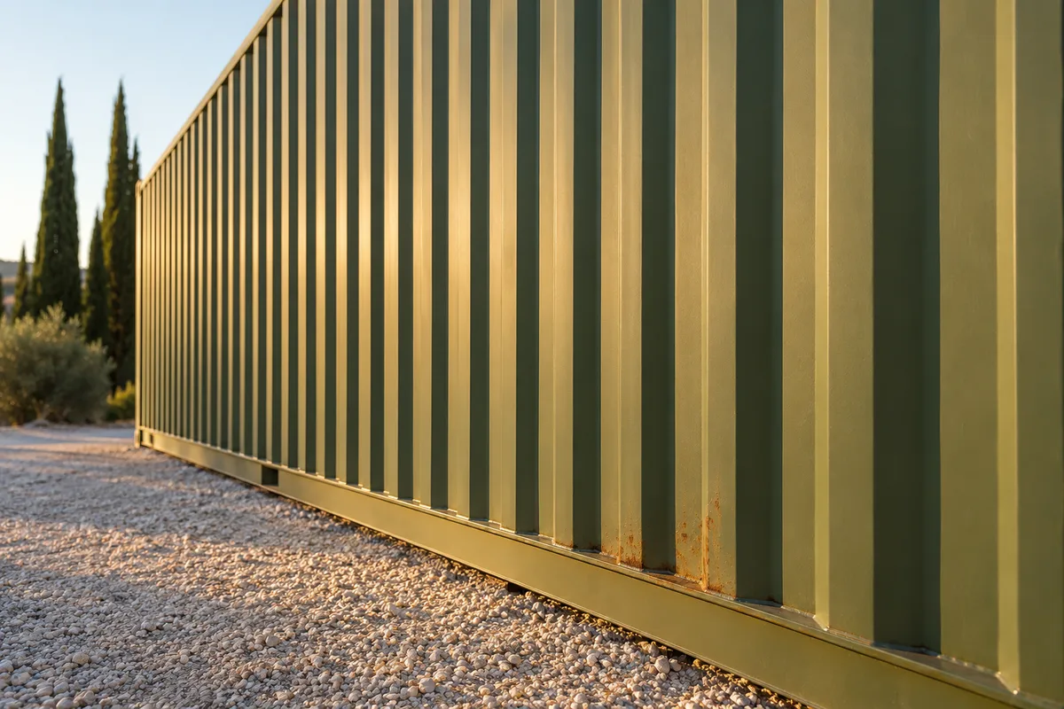 Paroi nervurée d’un module en acier vert olive en lumière rasante, rouille superficielle au bas de la paroi