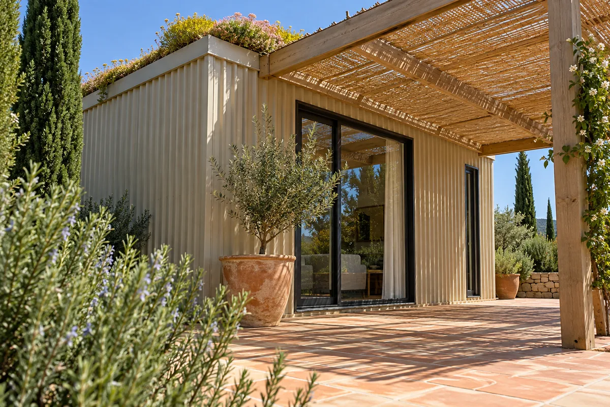 Studio de jardin en acier nervuré beige abrité par une pergola à canisses au-dessus d’une terrasse en tomettes