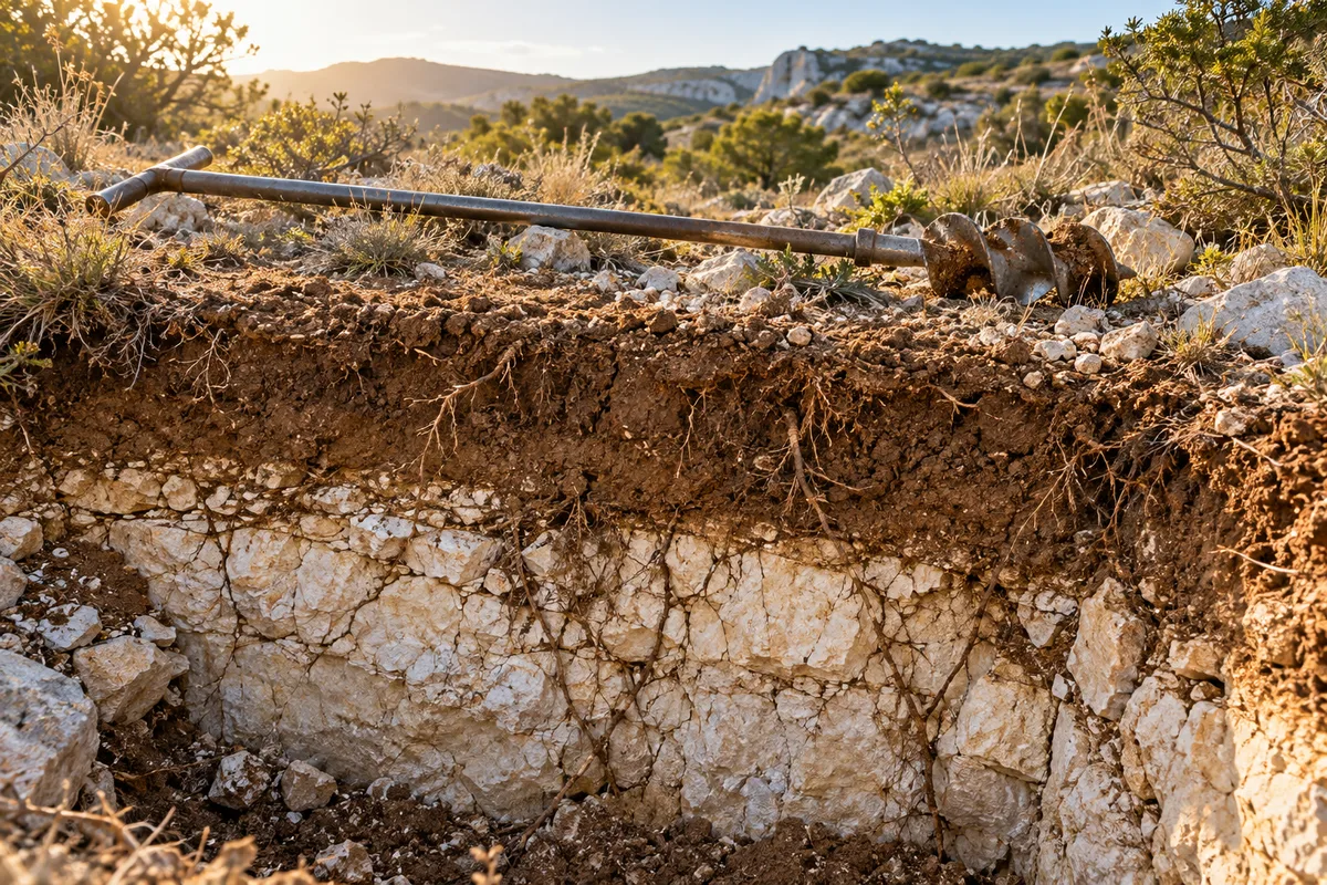 Fosse de sondage dans un sol de garrigue, fine couche de terre sur un banc calcaire fissuré