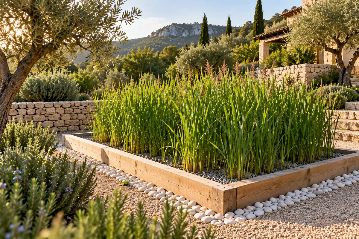 Filtre planté de roseaux encadré de bois dans le jardin d’une villa méditerranéenne