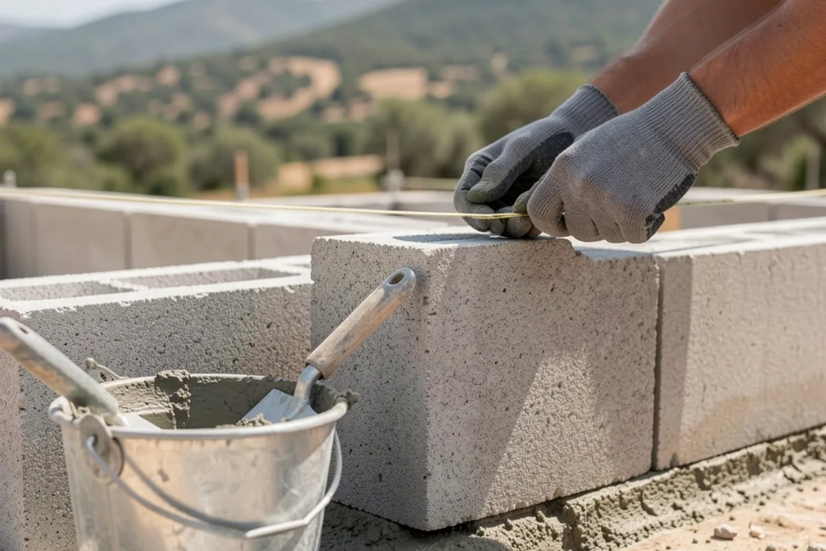 Mains de maçon tirant un cordeau sur le premier rang de blocs d&rsquo;une villa en construction