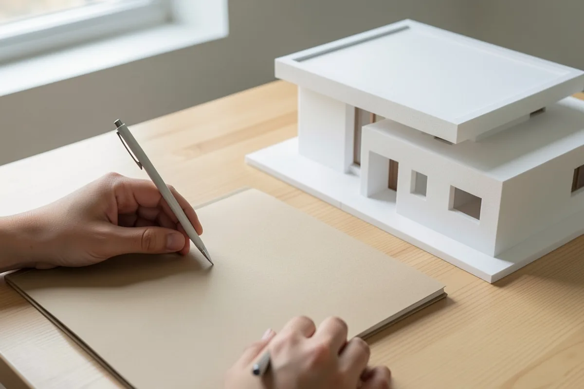 Signature d&rsquo;un dossier de construction sur un bureau clair à côté d&rsquo;une maquette blanche de villa