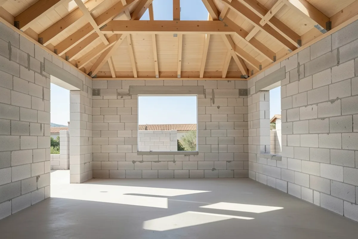Charpente en bois neuve d&rsquo;une villa vue de l&rsquo;intérieur avec rayons de soleil entre les chevrons