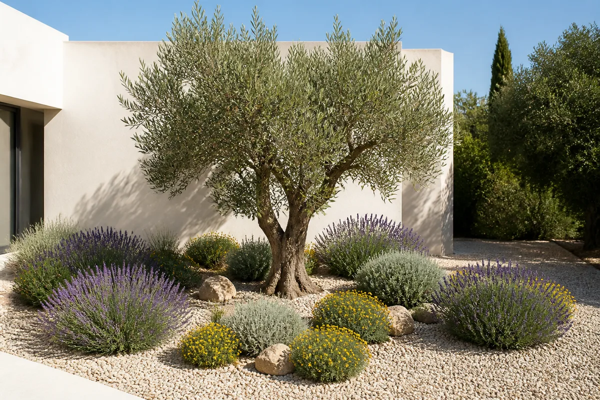 Jardin méditerranéen avec oliviers, lavandes et paillage minéral devant une villa contemporaine