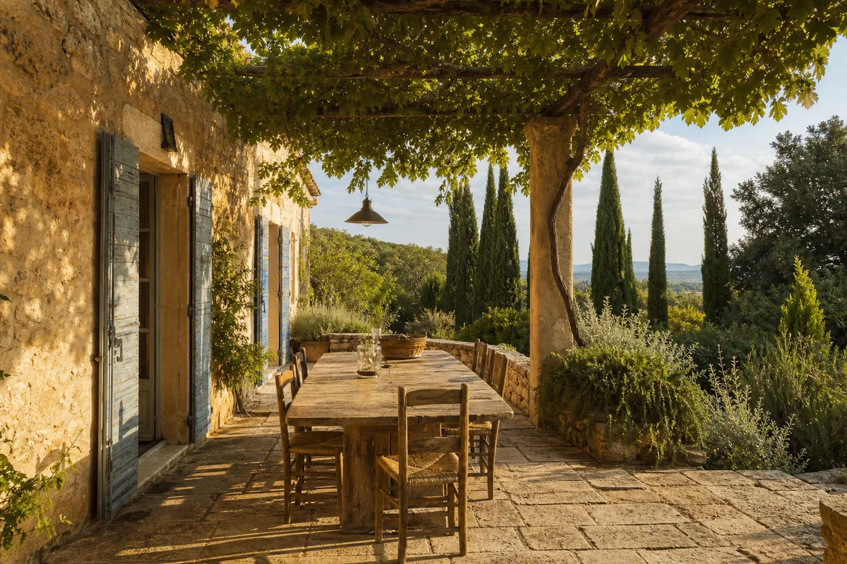 Villa provençale en pierre avec terrasse ombragée et cyprès en fin de journée