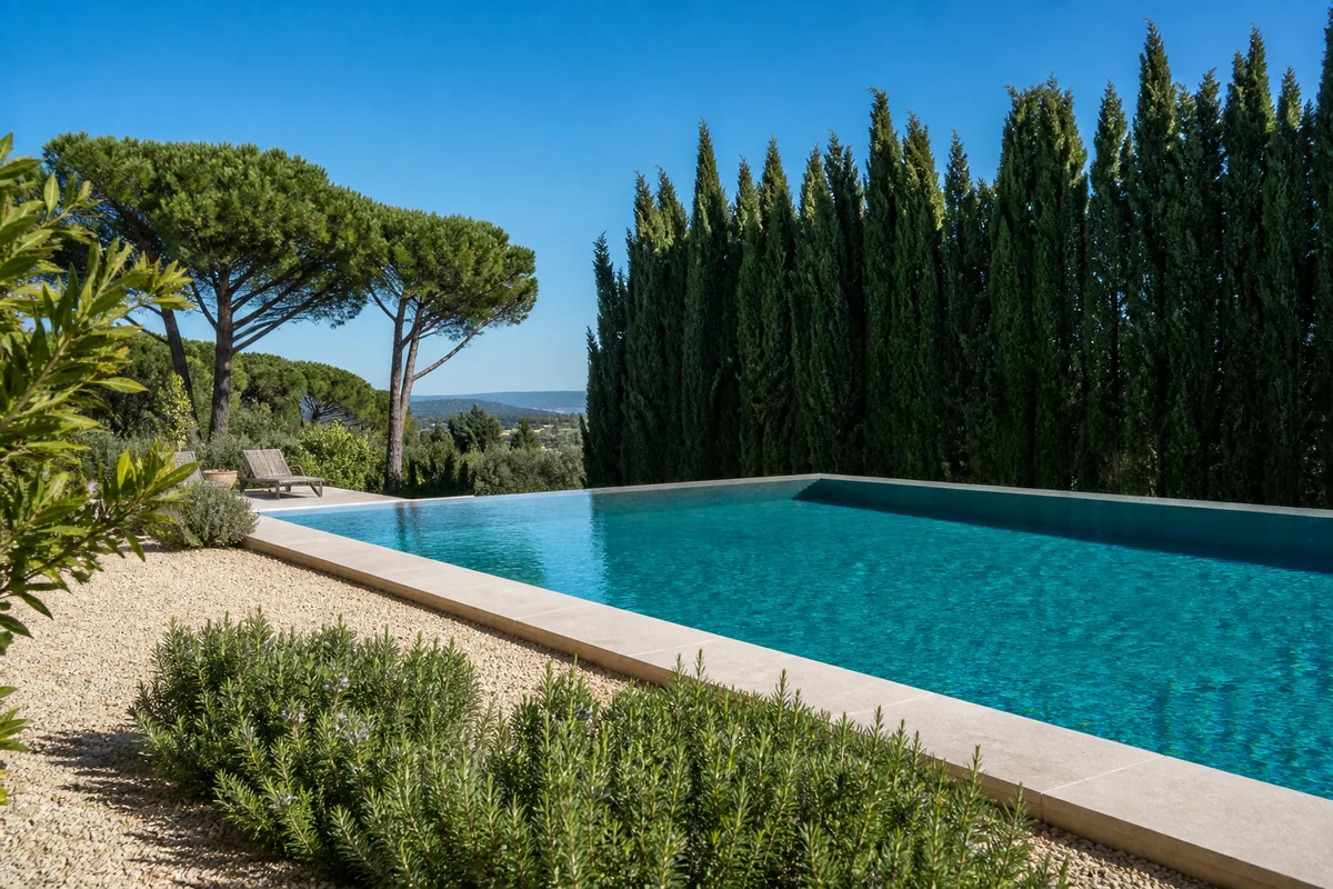 Piscine de villa au bord d’une pinède avec haie de cyprès protégeant du vent