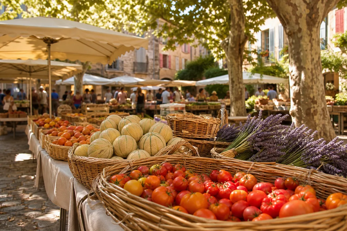 Marché provençal matinal avec étals de fruits et légumes sous les platanes
