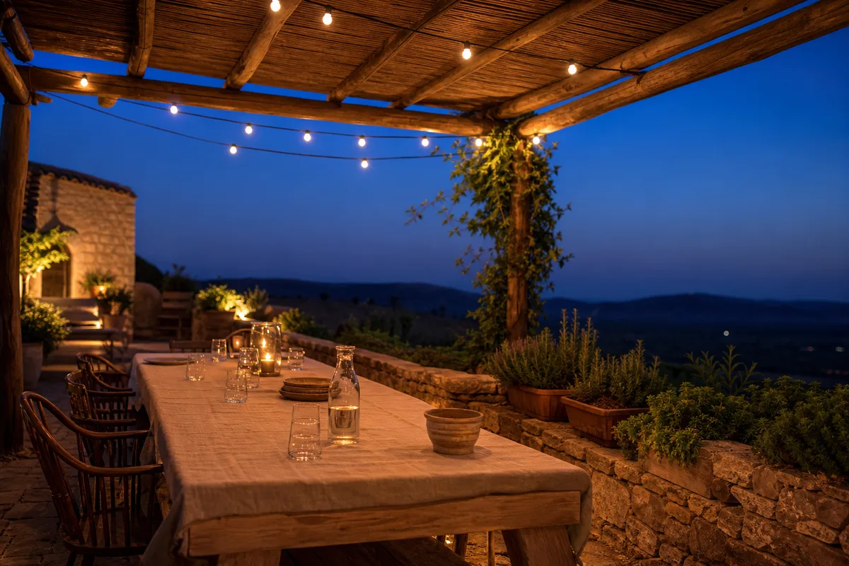 Terrasse de villa méditerranéenne avec pergola en bois et table dressée au crépuscule