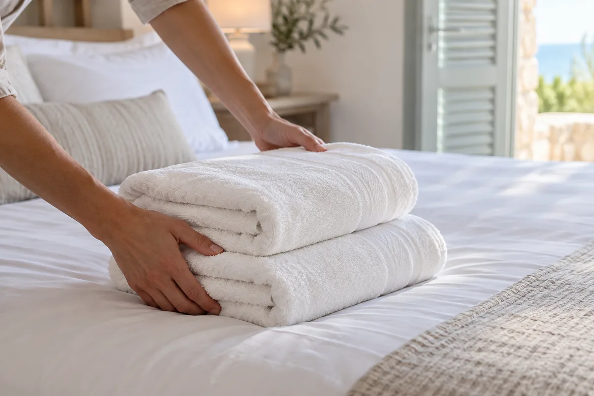Mains posant des serviettes de bain pliées sur un lit aux draps blancs dans une chambre lumineuse