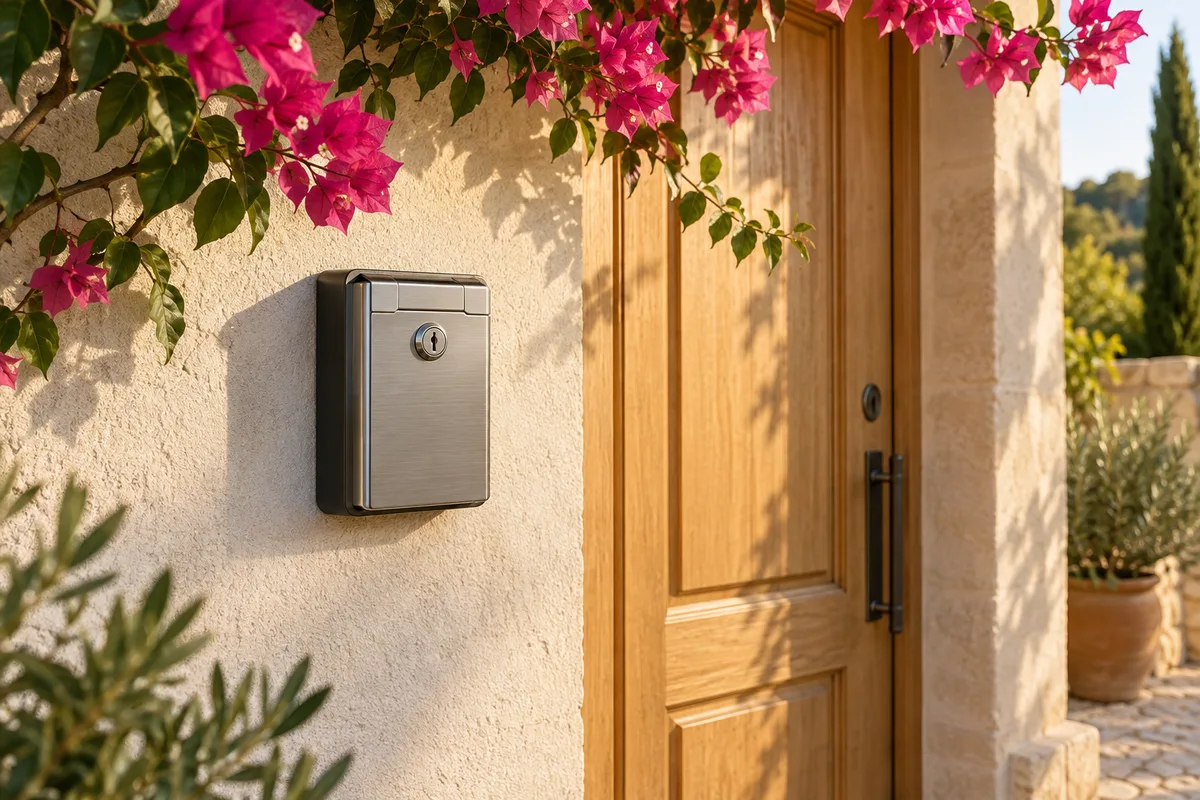 Boîte à clés murale fermée près d’une porte d’entrée en bois clair sous un bougainvillier en fleur