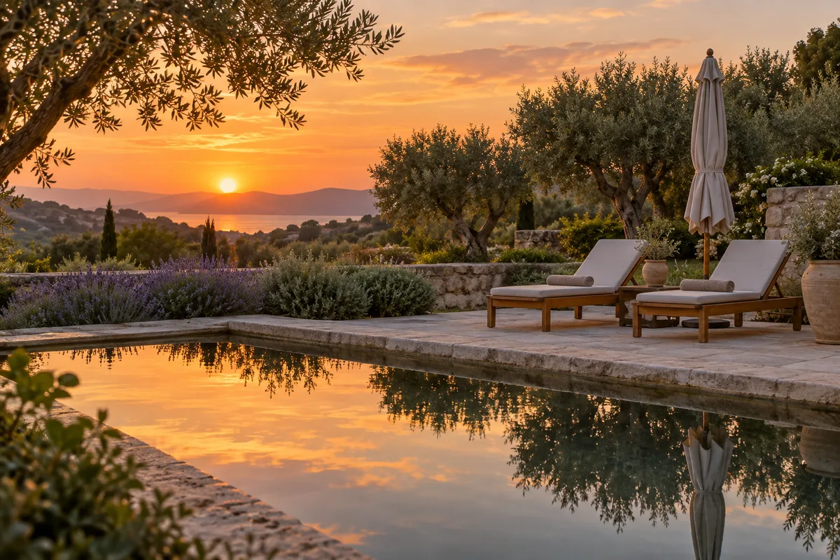 Jardin méditerranéen avec chaises longues, parasol replié et piscine calme au coucher du soleil