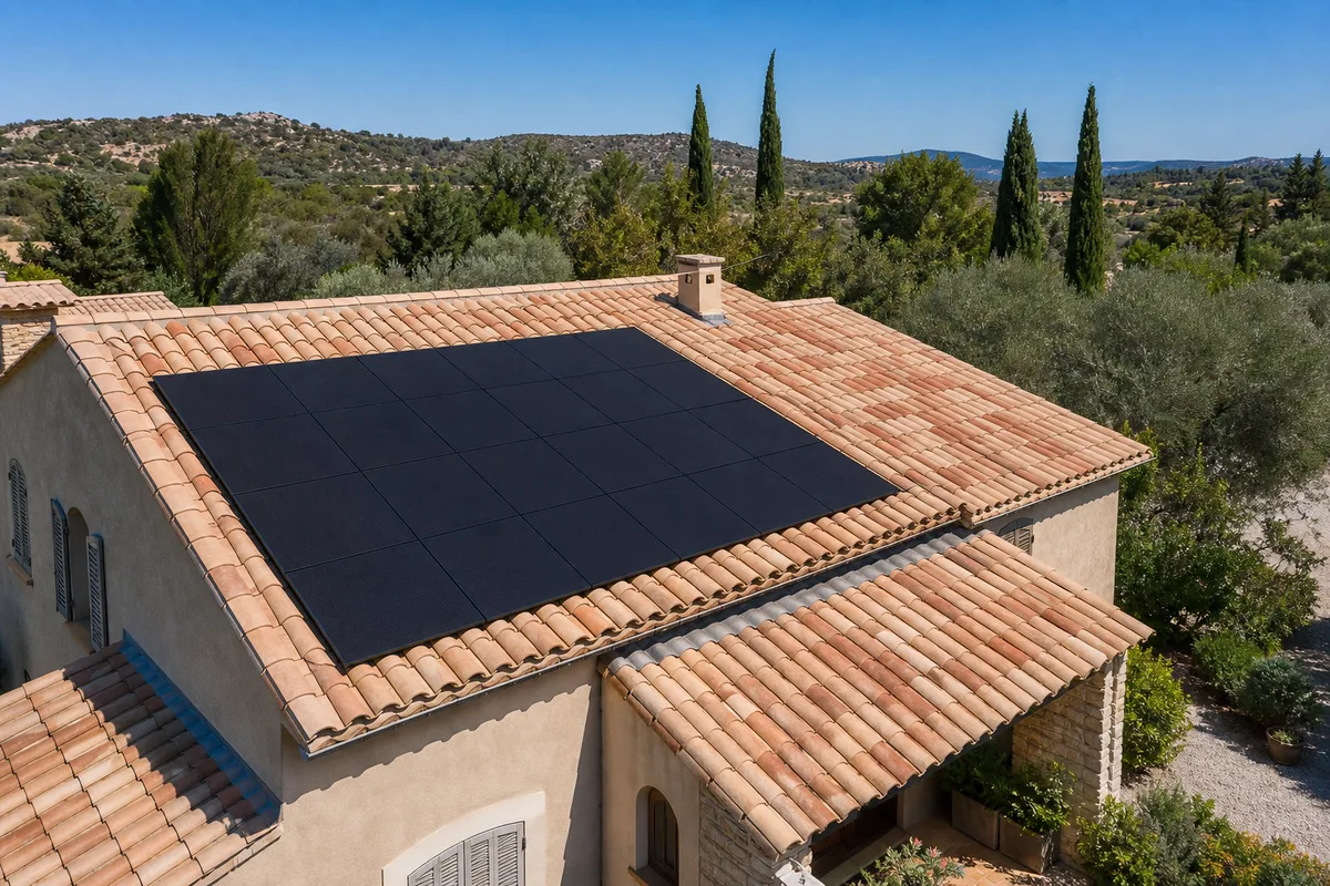 Toiture de villa méditerranéenne équipée de panneaux solaires en tuiles claires sous ciel bleu