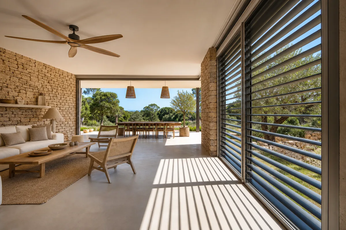 Séjour de villa provençale protégé du soleil par des brise-soleil orientables en aluminium
