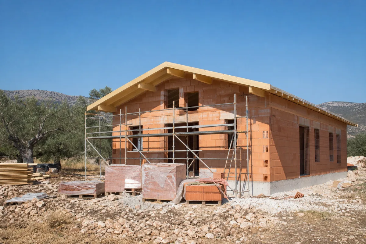 Chantier de villa neuve en briques monomur avec charpente bois dans le Sud de la France
