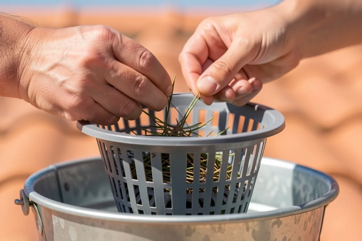 Mains nettoyant un filtre de gouttière au-dessus d’un seau, toiture en tuiles canal