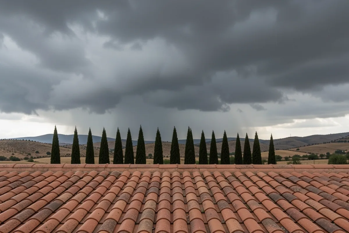 Ciel d’orage au-dessus d’un toit de tuiles méditerranéennes et cyprès au loin