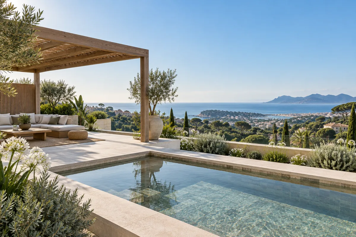 Toit-terrasse d’une villa moderne avec bassin et pergola en bois, vue sur les collines boisées de Cannes et la mer au loin, ciel clair du matin