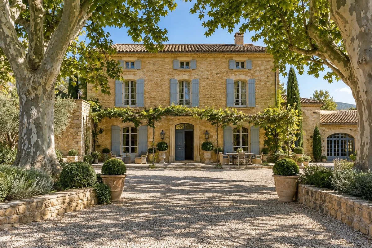 Façade d’une bastide provençale en pierre ocre avec volets bleu pâle, platanes et allée de gravier, ombre portée sur la terrasse, aucune personne