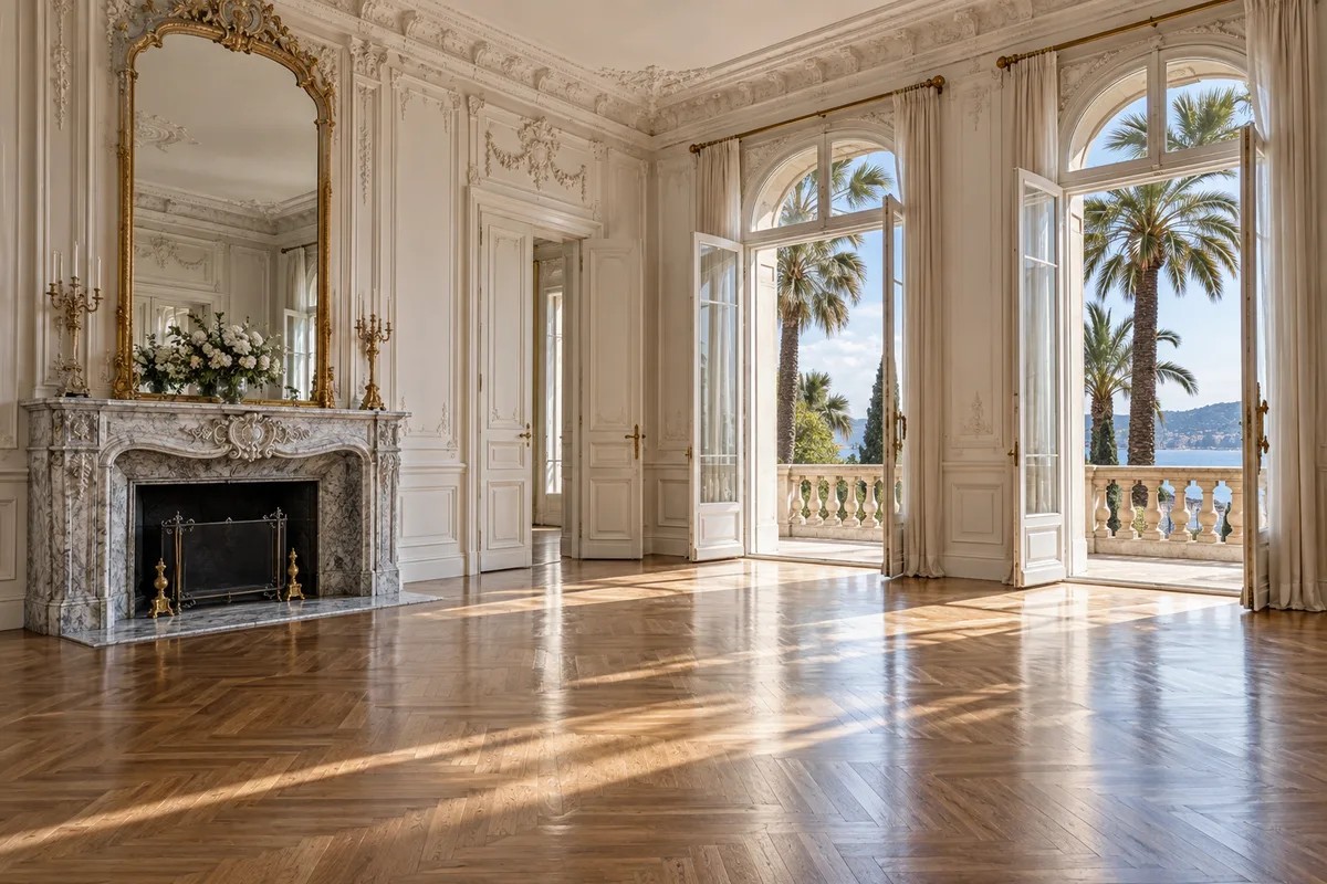 Salon d’une demeure Belle Époque vide avec hauteur sous plafond, moulures, cheminée en marbre et hautes fenêtres ouvertes sur des palmiers, lumière douce