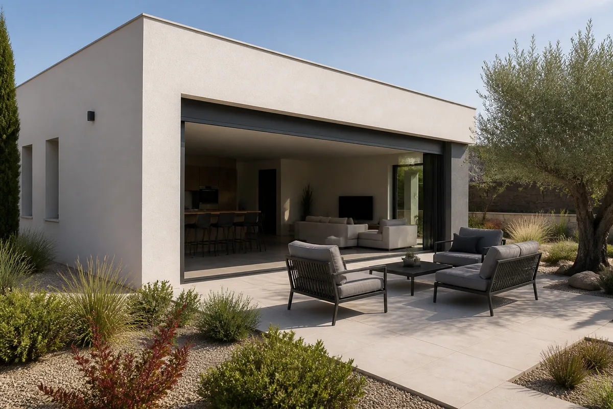 Villa contemporaine du sud de la France avec menuiseries aluminium anthracite et terrasse en pierre