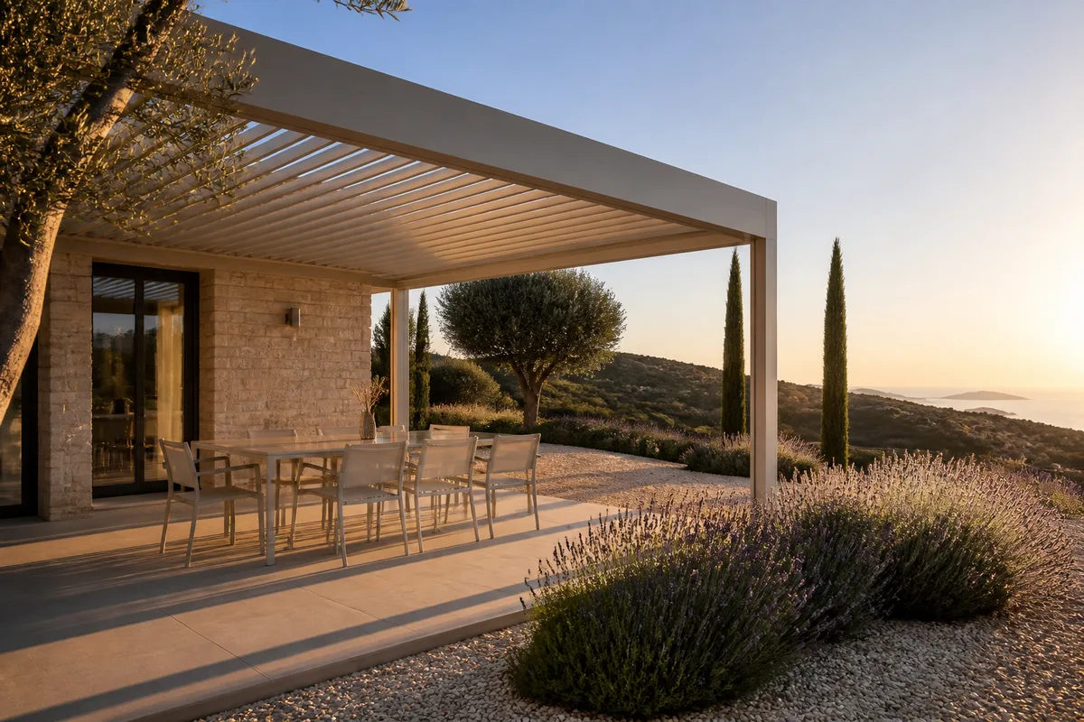 Terrasse de villa méditerranéenne avec pergola, mobilier en aluminium et jardin sec